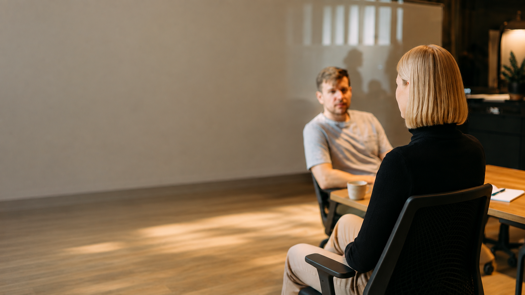 Coaching-Gespräch zwischen zwei Personen im Büro